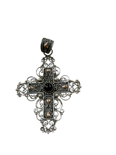 Silver-Tone Filigree Cross Pendant with Black Stone