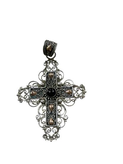 Silver-Tone Filigree Cross Pendant with Black Stone