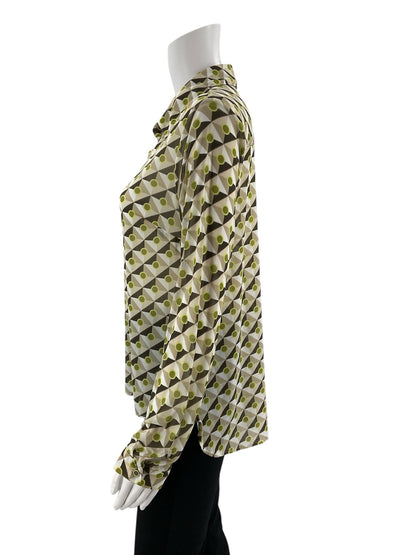 Cabi green and brown print button down blouse, collared long sleeve shirt in size small for women.