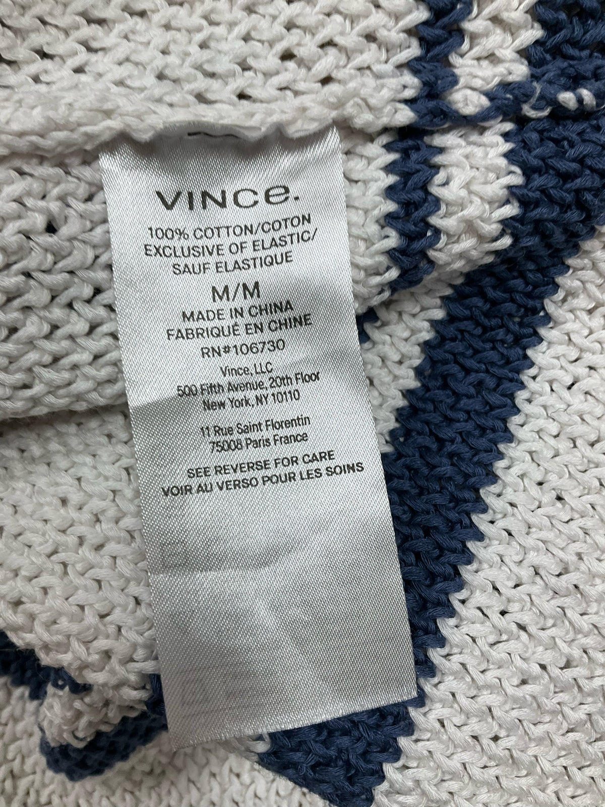 Vince Variegated Stripe Polo Sweater Womens Size Medium Ecru Blue Cotton Knit Top