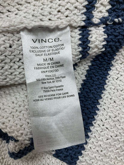 Vince Variegated Stripe Polo Sweater Womens Size Medium Ecru Blue Cotton Knit Top