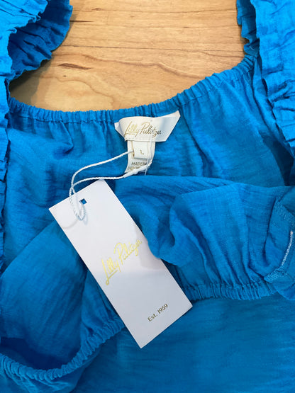 Lilly Pulitzer Katalina Top Size Large Turquoise Ruffle Square Neck Blouse NWT