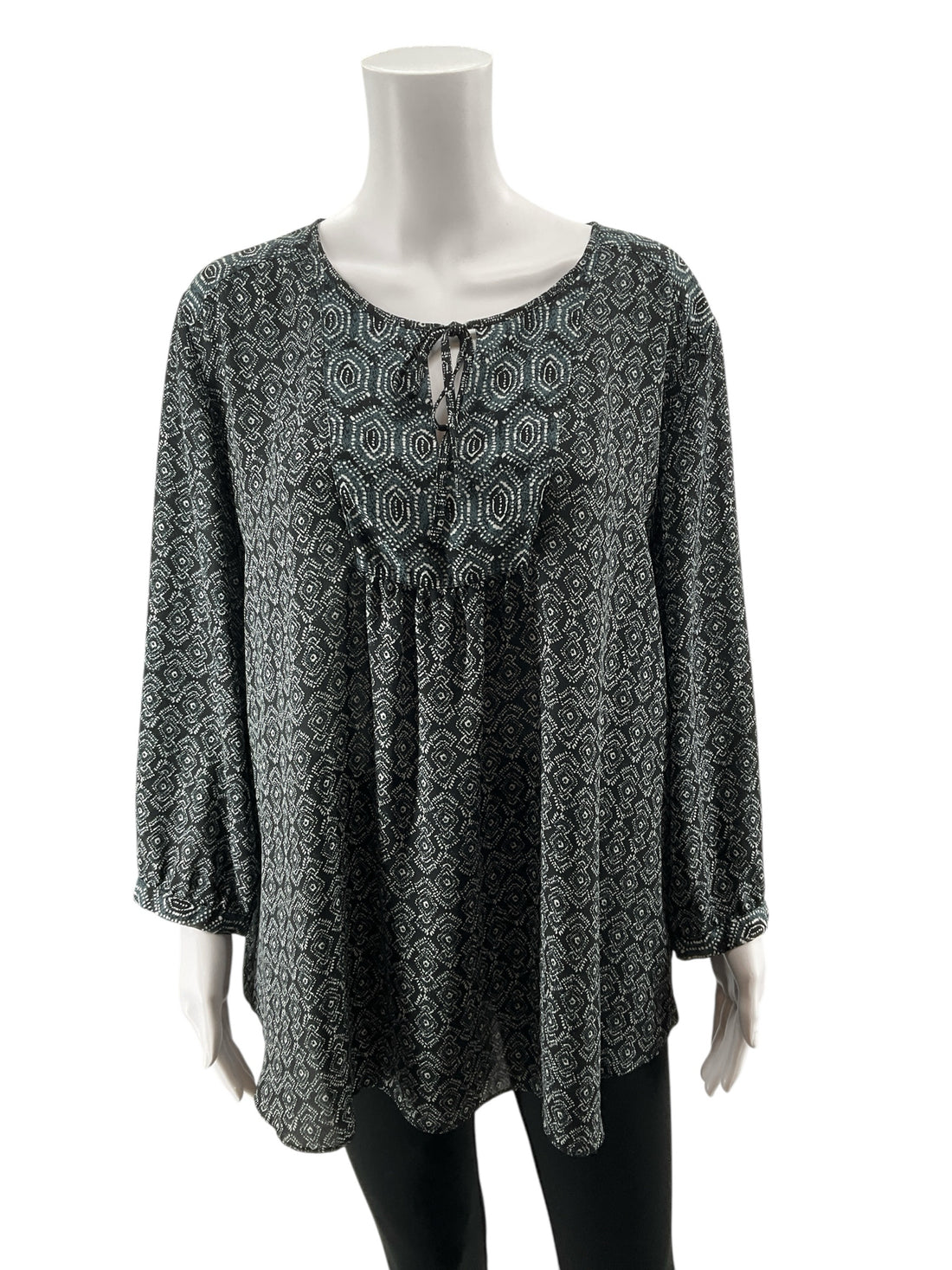 NYDJ Geo Dot Tie-Neck Peasant Blouse Tunic Top Black White Teal XL