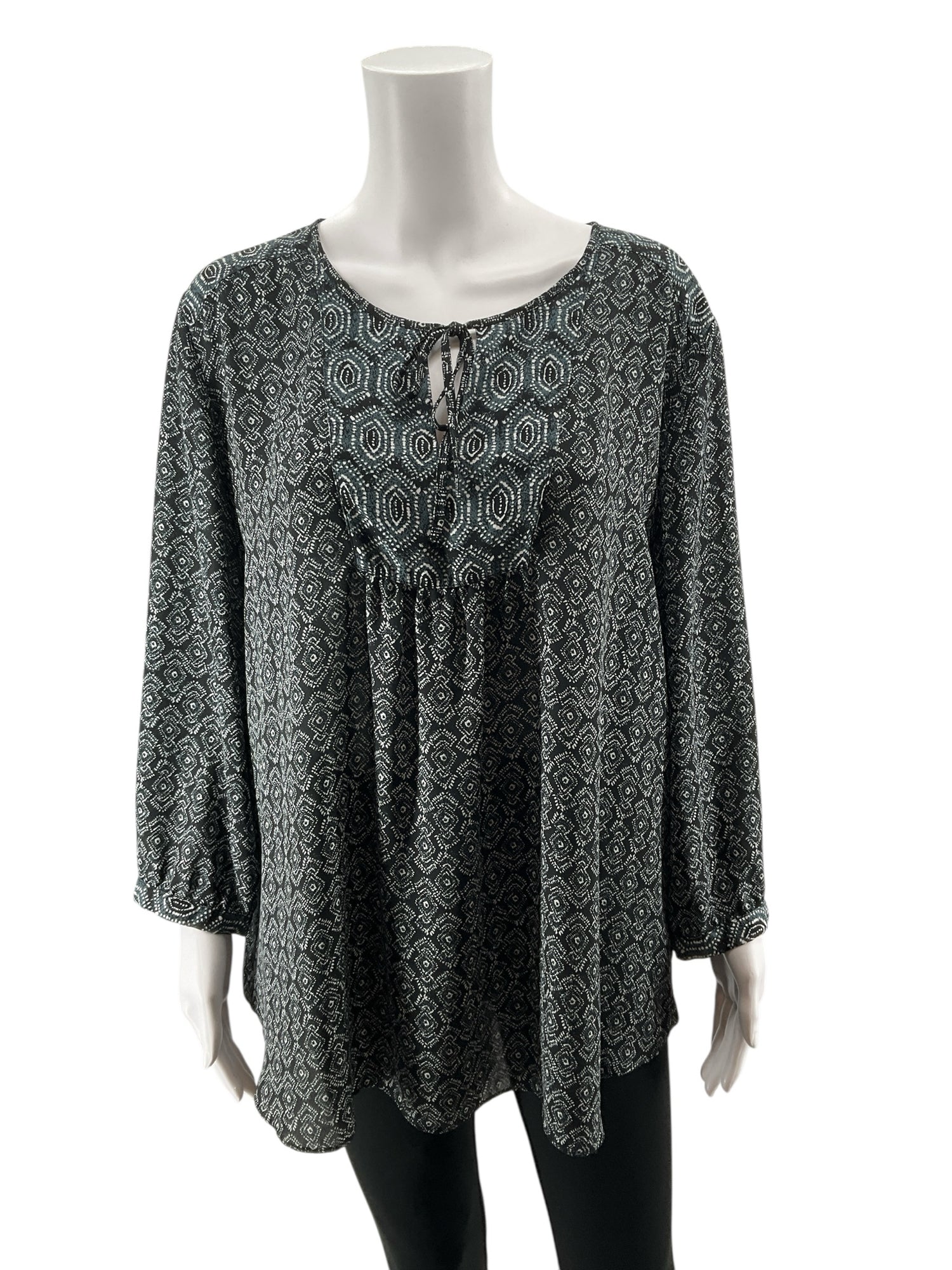 NYDJ Geo Dot Tie-Neck Peasant Blouse Tunic Top Black White Teal XL