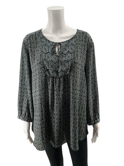 NYDJ Geo Dot Tie-Neck Peasant Blouse Tunic Top Black White Teal XL