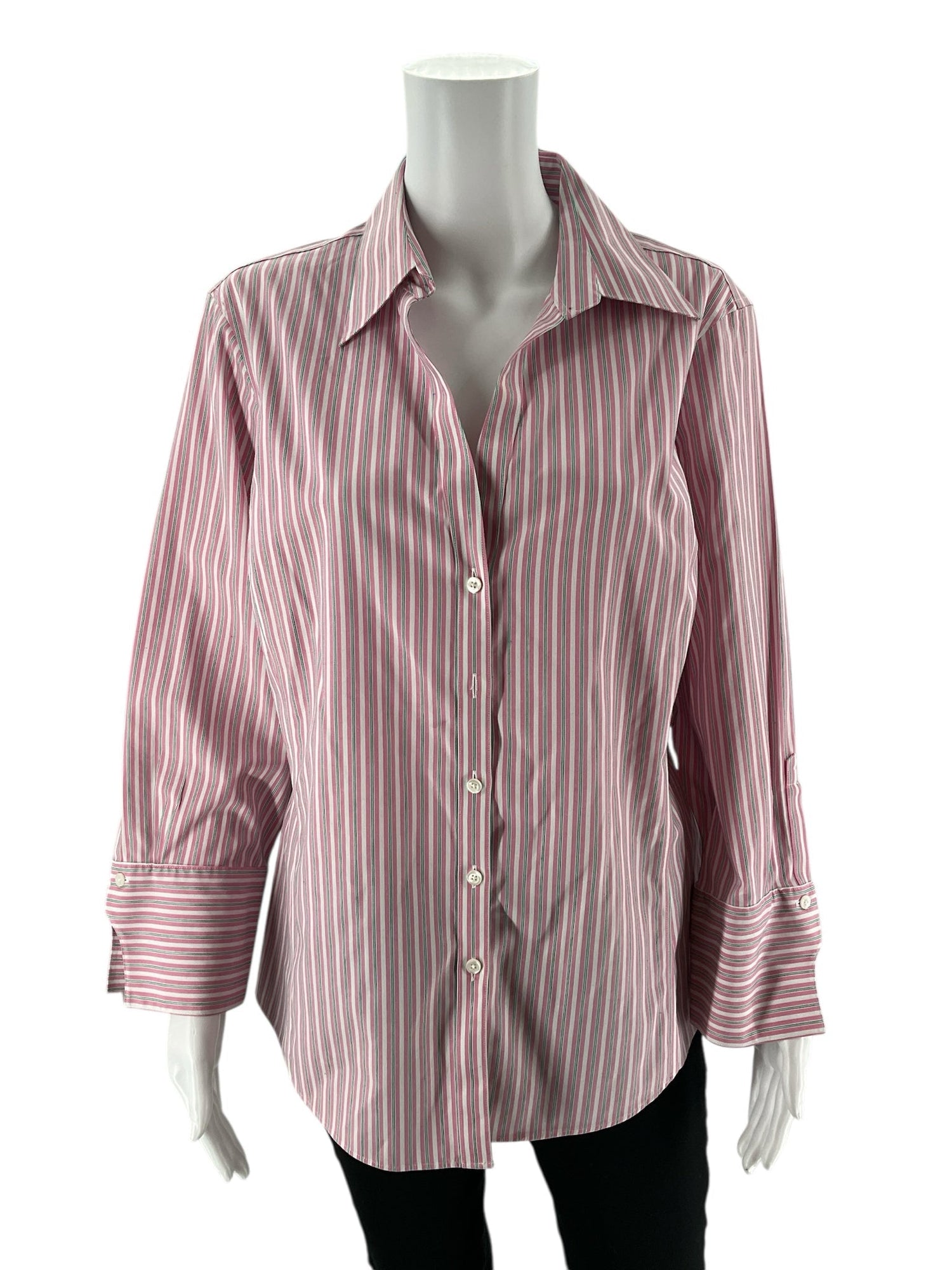 Brooks Bros pre-owned casual top featuring white, pink, and green stripes, size 16, displayed on a neutral background.
