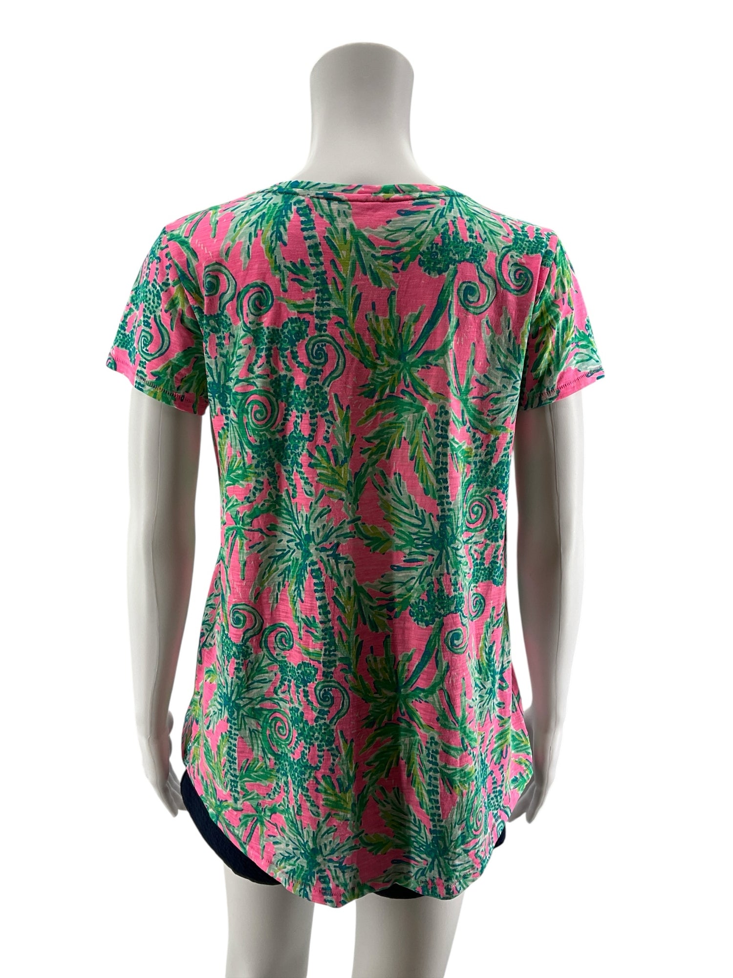 Lilly Pulitzer Etta V-Neck Tee Top S Pink Multi Sink Or Swim Palm Print