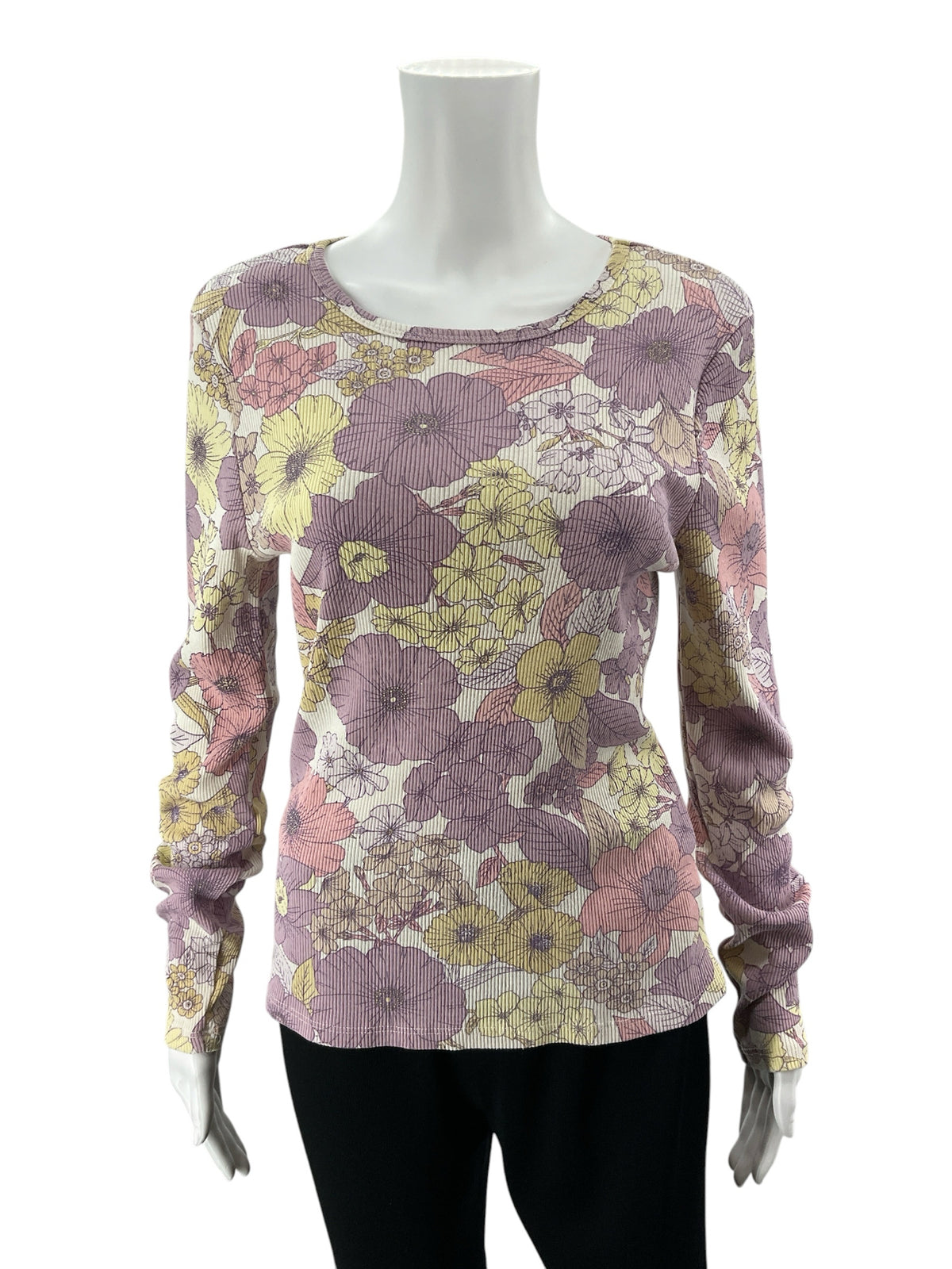 t.la Ribbed Long Sleeve Floral Top - Purple, Yellow - Size Large - ONLINE ONLY