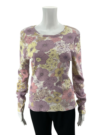 t.la Ribbed Long Sleeve Floral Top - Purple, Yellow - Size Large - ONLINE ONLY