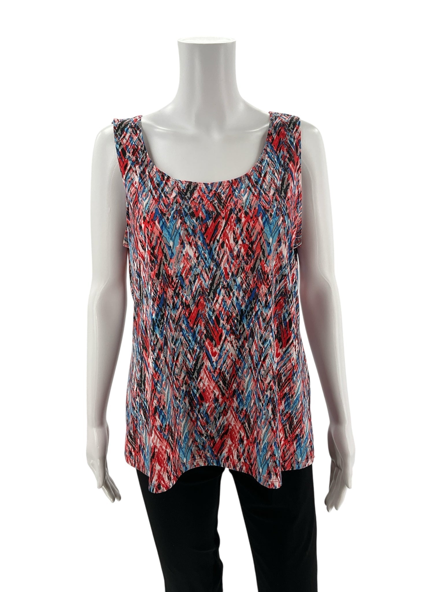 Claudia Ev Red/Blue/Black Print Pre-Owned Ladies Top - Size Petite Large - Margaret’s Fine Consignment