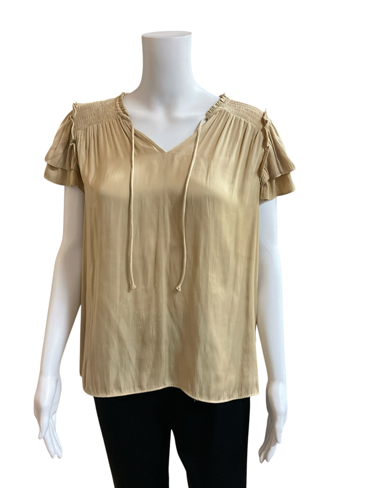 Rachel Zoe Smocked Yoke Tie-Neck Blouse Tan Bronze Flutter Sleeve Top Size Medium - ONLINE ONLY
