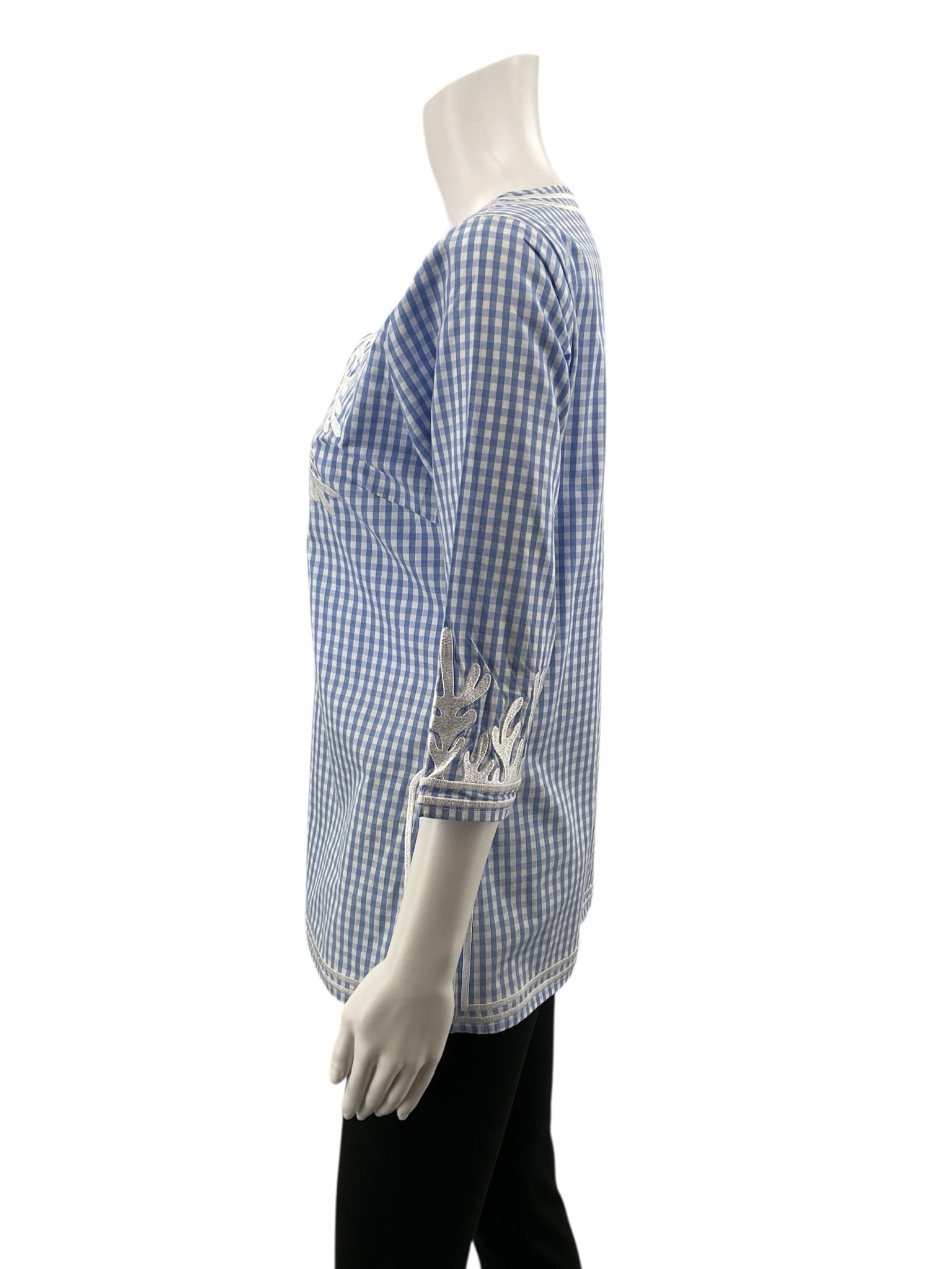 Gretchen Scott blue/white 3/4 Sleeve Gingham Embroidered Tunic Top Blue White Checkered Size XS - Size XS