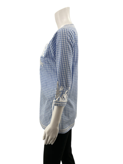 Gretchen Scott blue/white 3/4 Sleeve Gingham Embroidered Tunic Top Blue White Checkered Size XS - Size XS