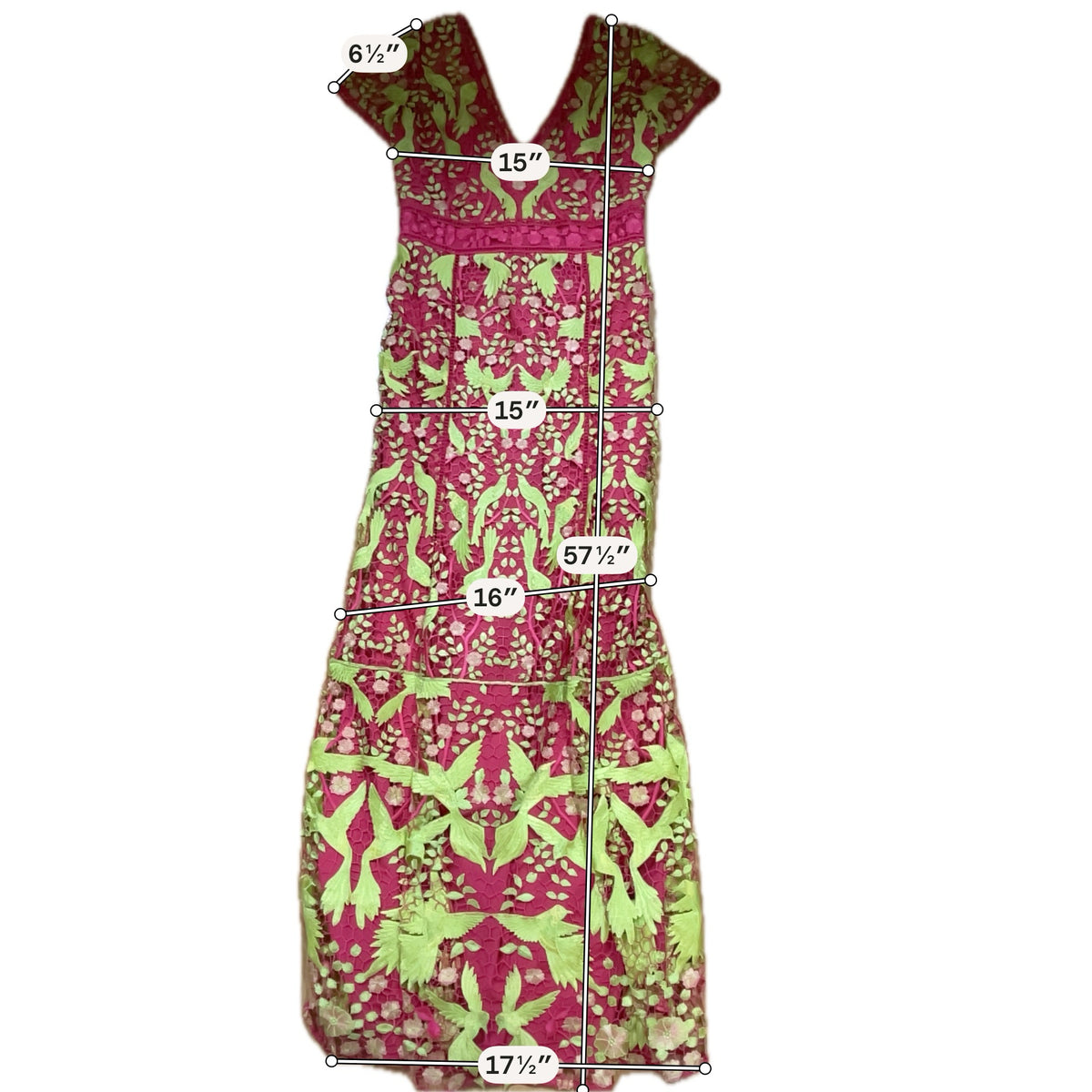 Marchesa Notte Bird &amp;amp; Floral Embroidered Lace Gown Pink Green Size 6 - ONLINE ONLY