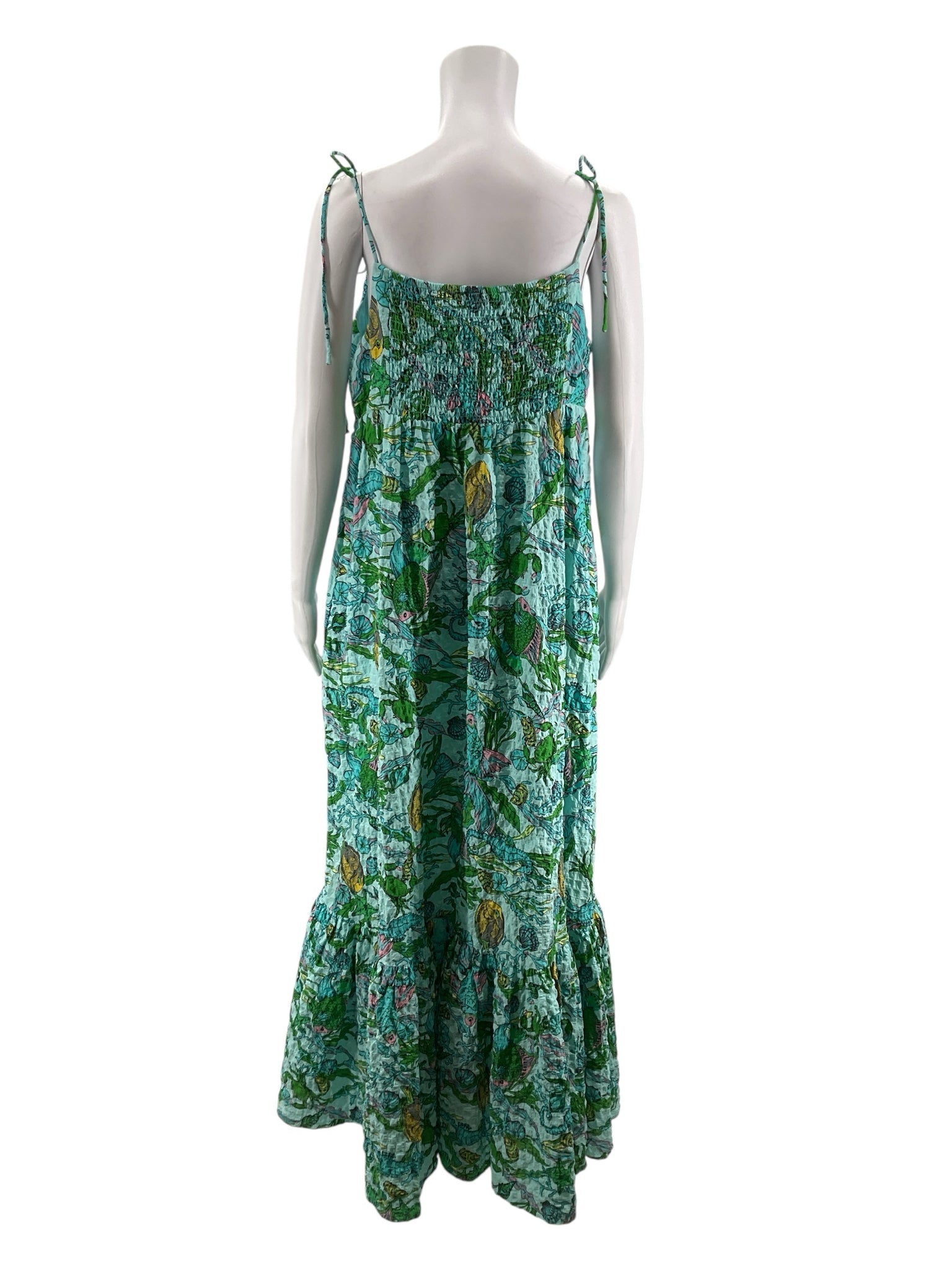 Kate Spade New York aqua/green/yellow Maxi, Sundress, A-Line, Tiered, Smocked, Resort Sea Wonder Fish Print Smocked Maxi Dress Size XL - Size XL