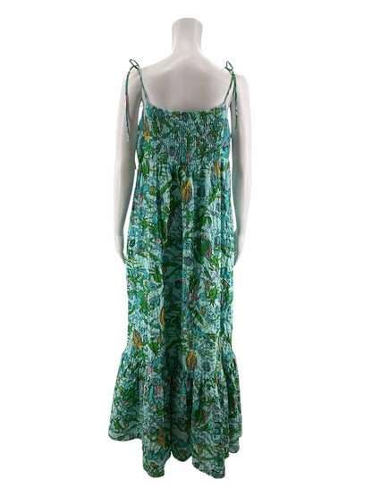 Kate Spade New York aqua/green/yellow Maxi, Sundress, A-Line, Tiered, Smocked, Resort Sea Wonder Fish Print Smocked Maxi Dress Size XL - Size XL