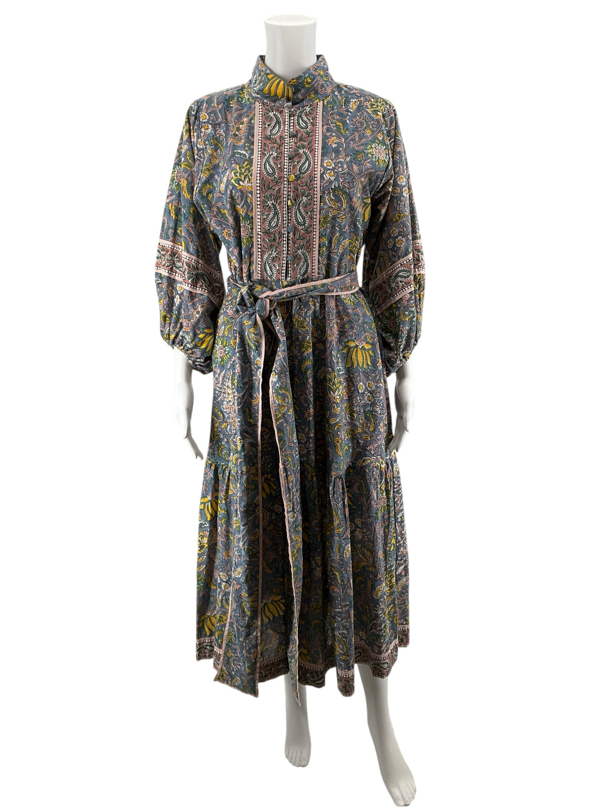 Sue Sartor Flounce Dress Size Small Blue Floral Paisley Print Boho Midi - ONLINE ONLY