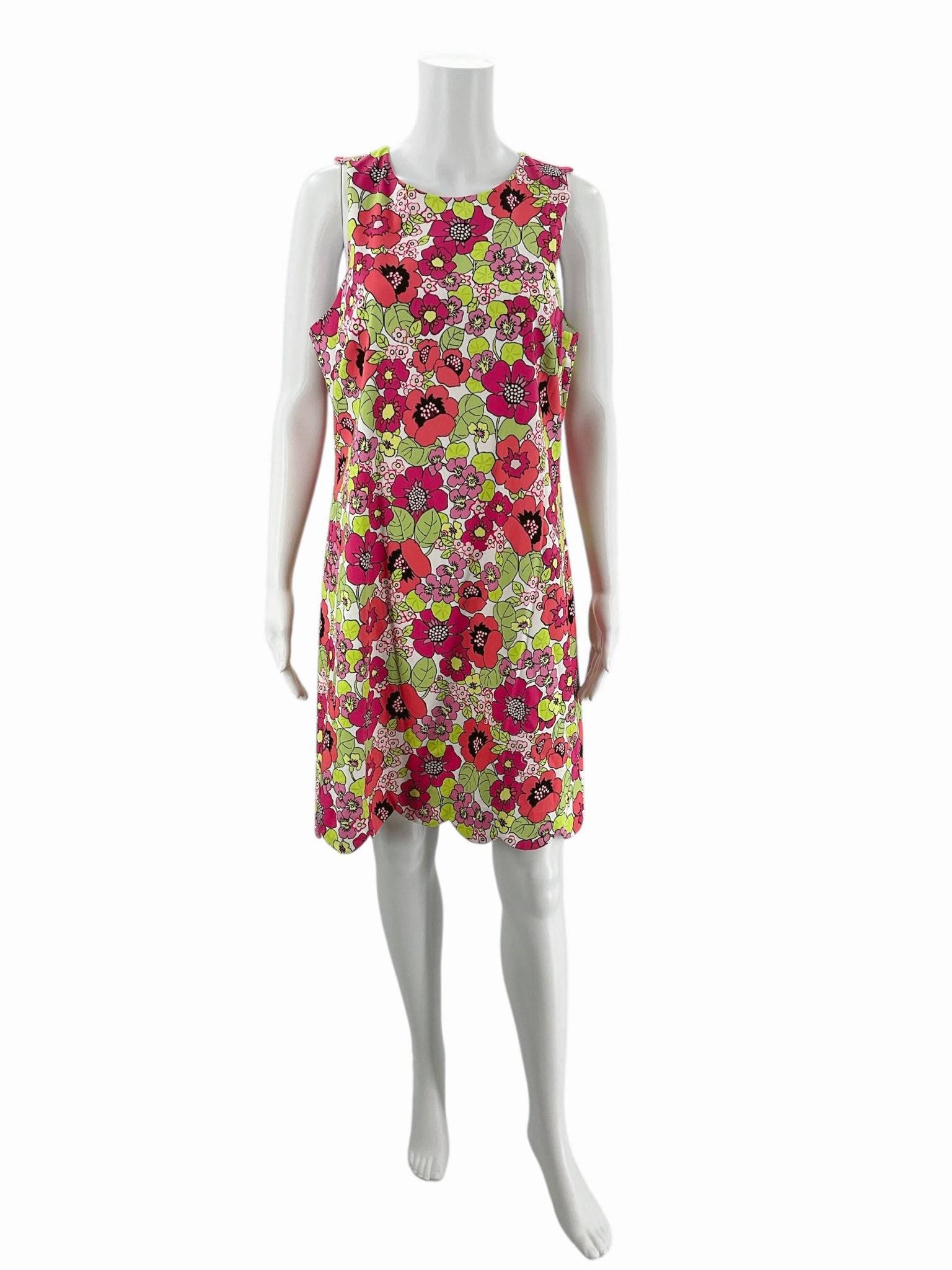 Front view of Cappagallo Crew Neck Mini Dress Size 10 in coral, pink, and green floral print, available at Margaret’s Fine Consignments.