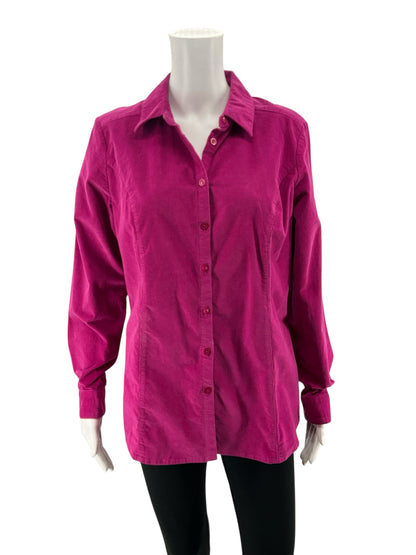 Denim &amp; Co. Fuchsia Pink Stretch Corduroy Button-Front Shacket Top | Size Medium