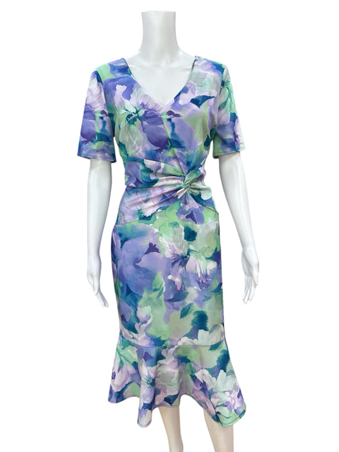 London Times Purple/Green Bodycon Floral Twist-Front Midi Dress Size 10 - Size 10
