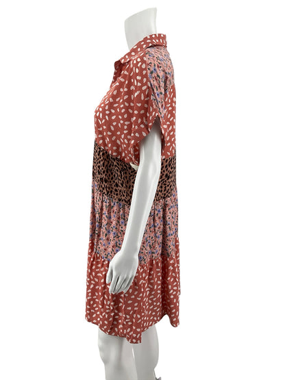 Umgee USA Mixed Print Tiered Babydoll Mini Dress Salmon Floral Leopard Size Small