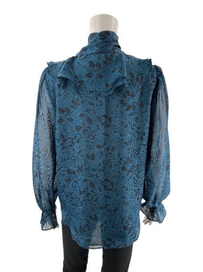 Ann Taylor blue and black print blouse with tie-neck, ruffles, and blouson sleeves, size small, new with tags.