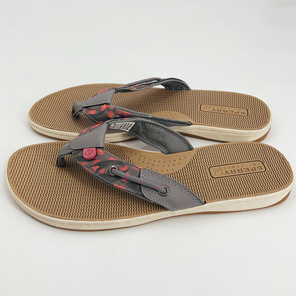 Sperry Gray/Pink Print Pre-Owned Ladies Flip Flop in size 10 with cushioned tan footbed and nautical Wave-Siping sole, ideal for beachwear.