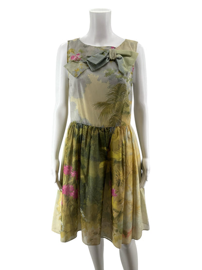 Red Valentino Green &amp; Pink Tropical Toile Print Sleeveless Dress | Size 10