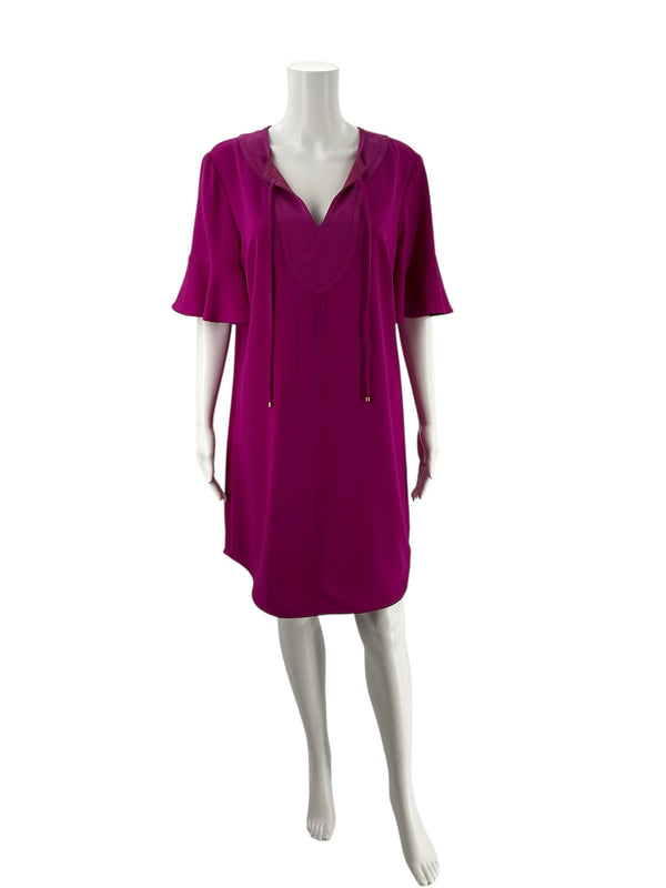 Front view of Trina Turk Fuschia Solid Pre-Owned Ladies Dress Size 10 on mannequin, featuring V-neck with tie and flared bell sleeves in mini shift style.