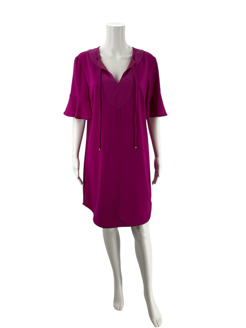 Front view of Trina Turk Fuschia Solid Pre-Owned Ladies Dress Size 10 on mannequin, featuring V-neck with tie and flared bell sleeves in mini shift style.