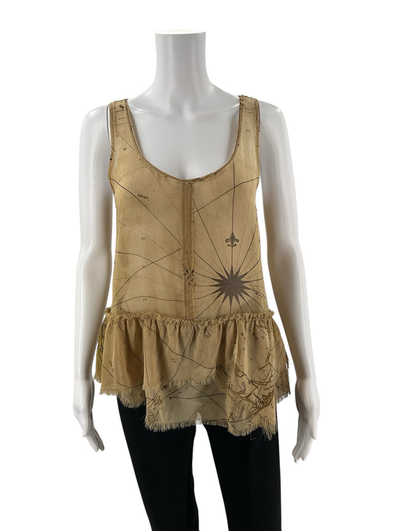 Front view of Rachel Roy Tan Pre-Owned Ladies Top - Size Small on mannequin, showcasing sleeveless design and frayed peplum hem.