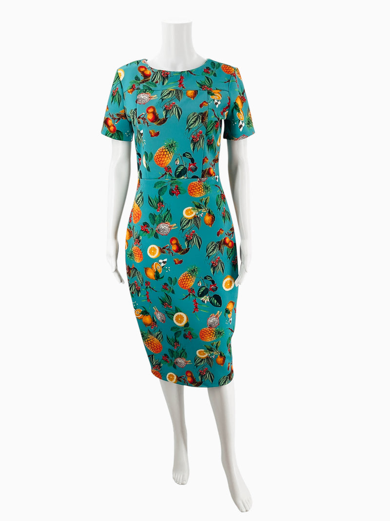 Pre-owned Alexia Admor turquoise fruit print sheath dress displayed on mannequin, featuring short sleeves and pencil silhouette, size small.