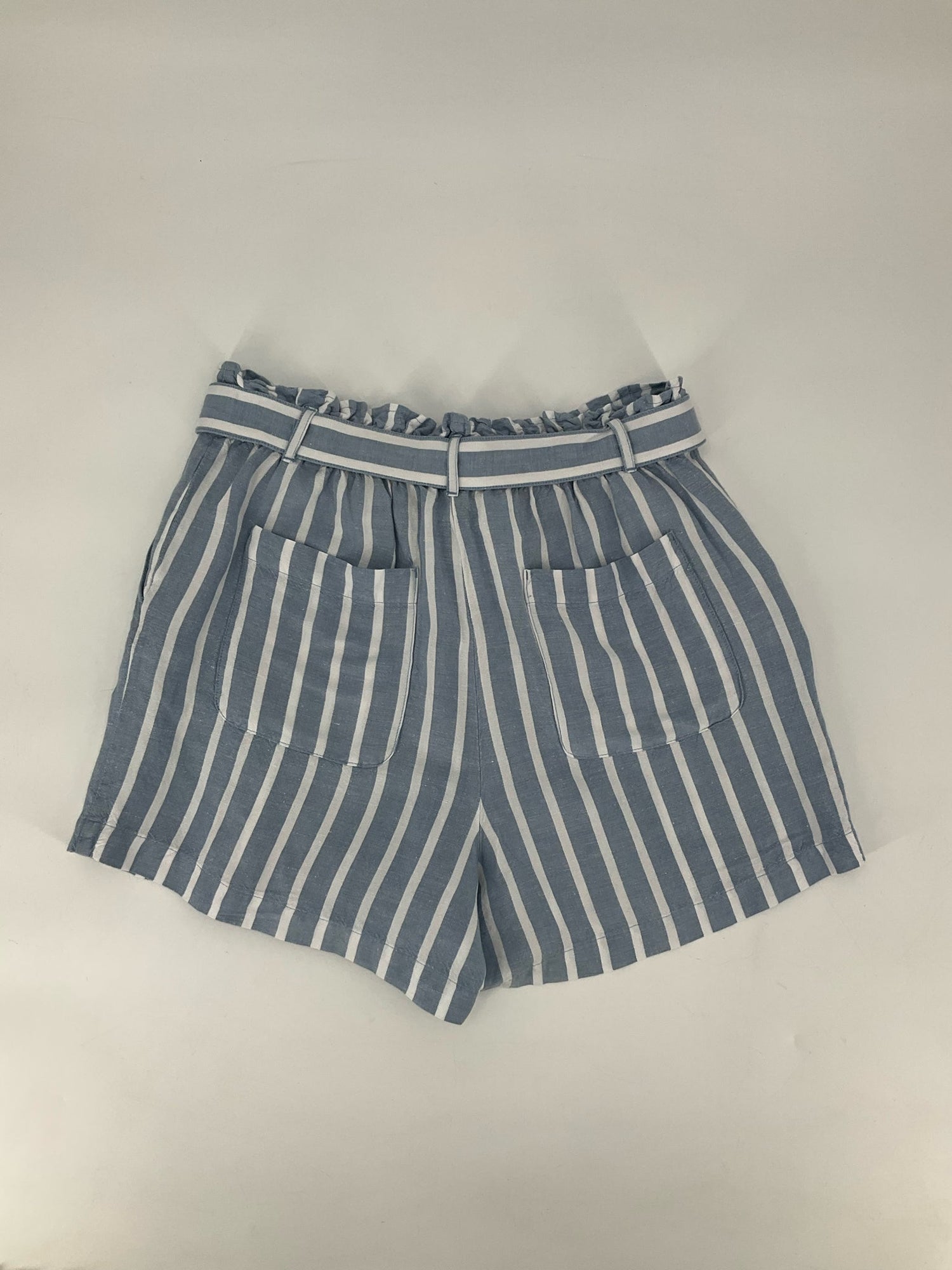 Loft blue and white striped high waist paper bag shorts for women, size medium, perfect for casual summer wear.