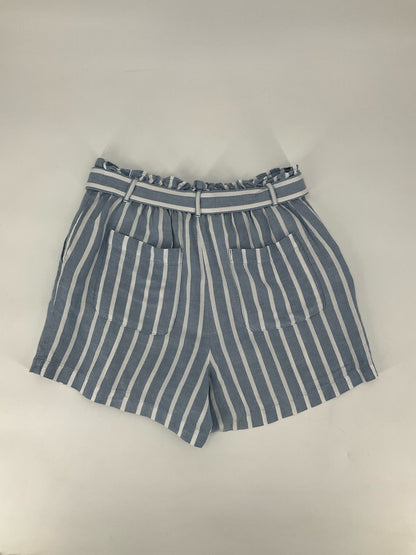 Loft blue and white striped high waist paper bag shorts for women, size medium, perfect for casual summer wear.