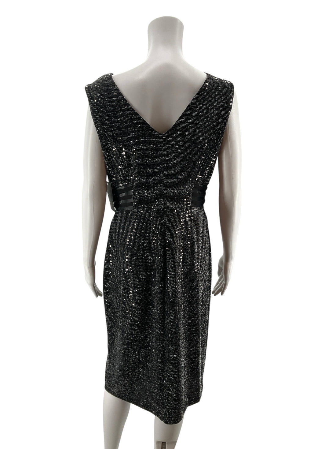 Enfocus Studio Sequin Metallic V-Neck Midi Dress Black Silver Size 12 NWT