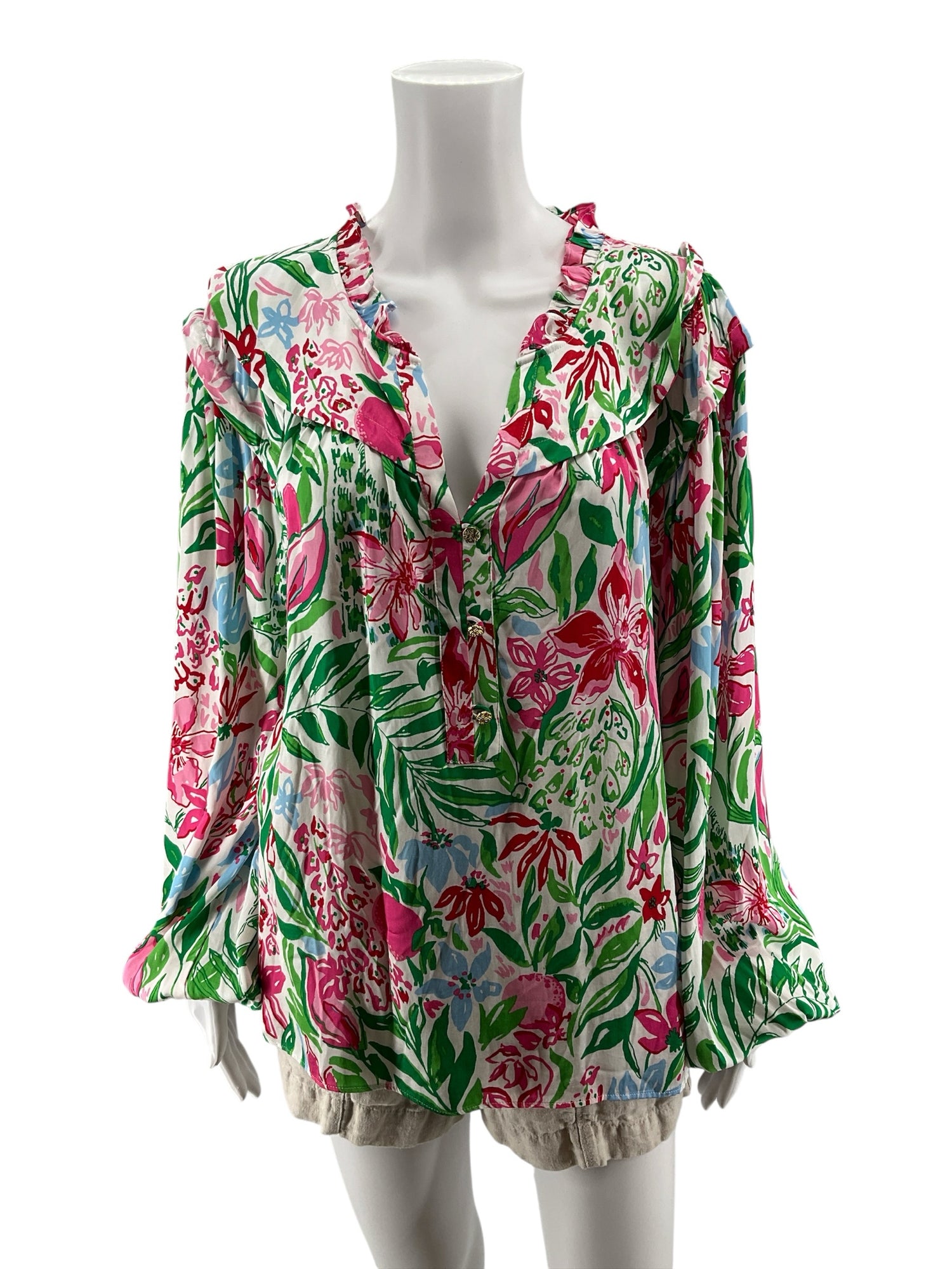 Lilly Pulitzer Ruffled V-Neck Tunic Blouse Floral XL NWT