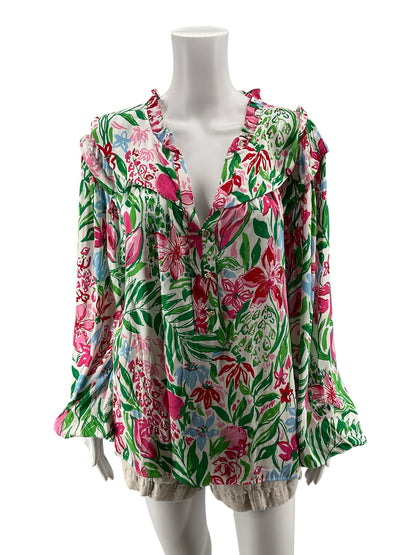 Lilly Pulitzer Ruffled V-Neck Tunic Blouse Floral XL NWT