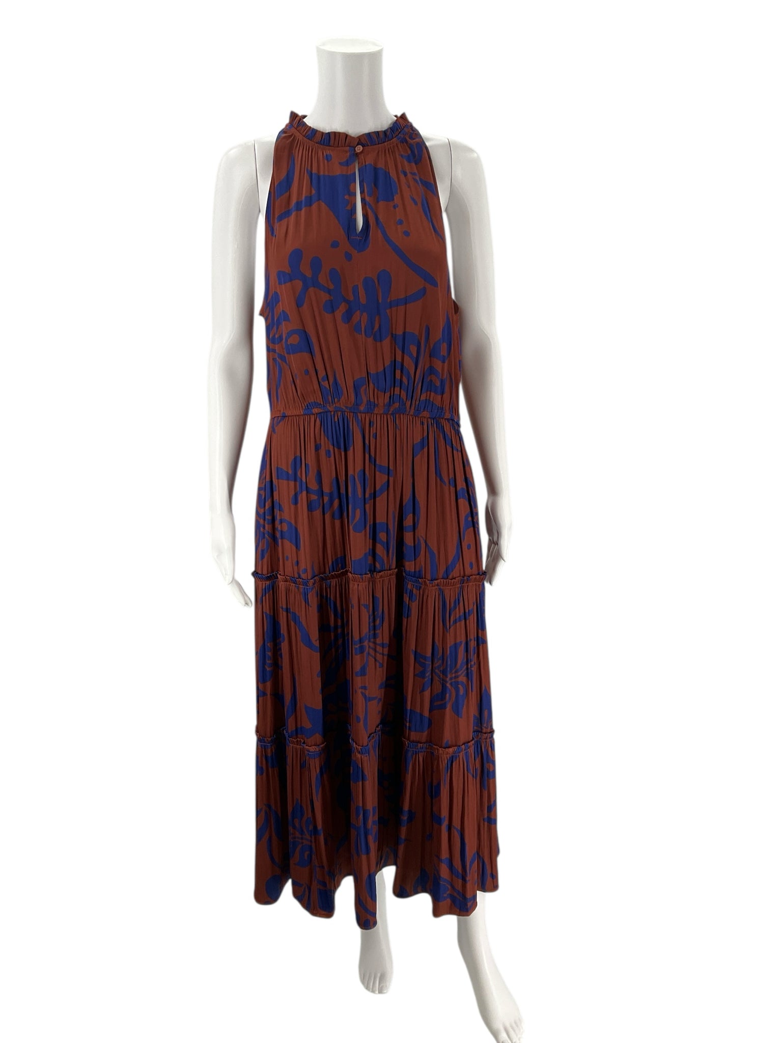 Gap Rust/Blue Print Halter Maxi Dress - Size Large Tall with tiered skirt and sleeveless design, ideal for tall women seeking a flowy summer look.