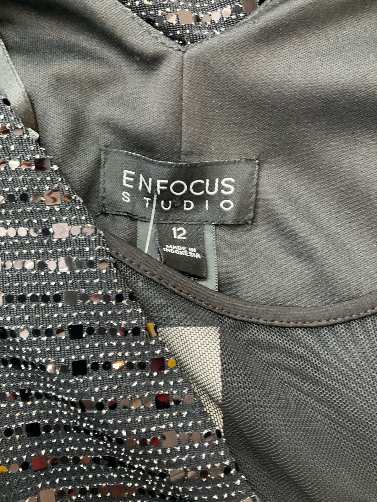 Enfocus Studio Sequin Metallic V-Neck Midi Dress Black Silver Size 12 NWT - ONLINE ONLY