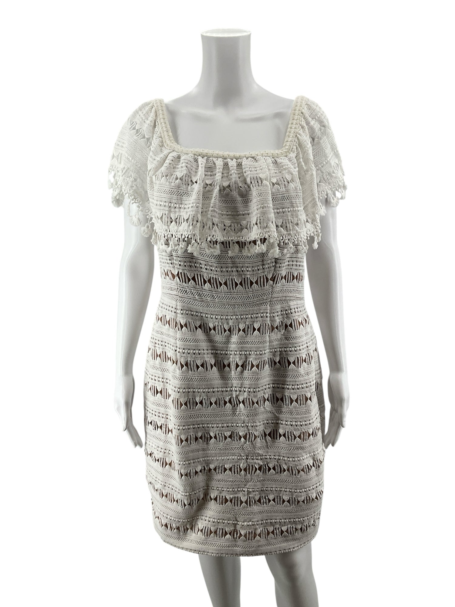 Tracy Reese Cream Crochet Lace Fringe Trim Sheath Dress Size 10