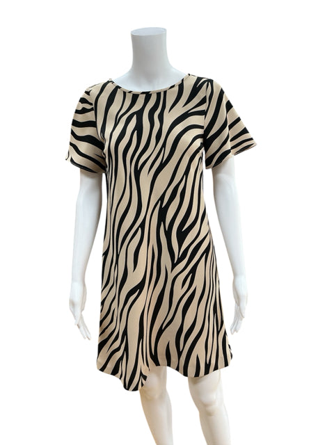 Pre-owned Ann Taylor zebra print mini dress in tan and black, displayed on mannequin with short sleeves and relaxed shift fit.