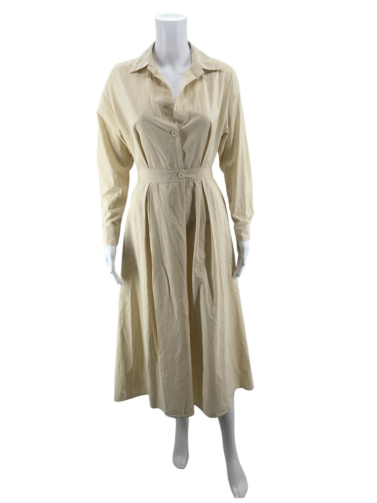 Cream Cotton Long Sleeve Belted Midi Shirt Dress Size Small