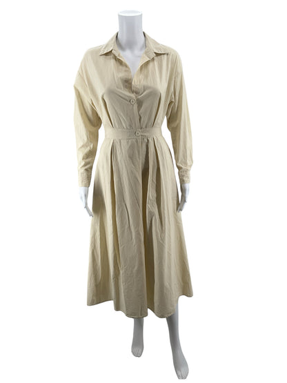 Cream Cotton Long Sleeve Belted Midi Shirt Dress Size Small