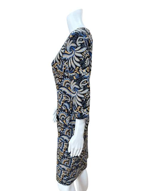 Side view of J Mclaughlin Crew Neck Dress Size Large highlighting the slim fit and vibrant black, blue, and tan paisley design.