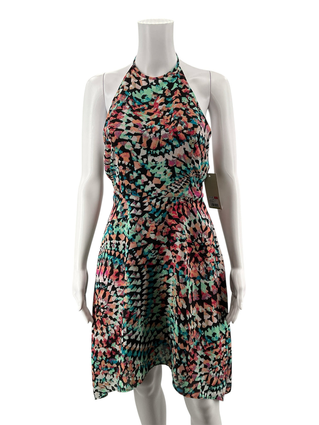 Ambar Multi Color Halter, Mini, A-Line, Fit &amp; Flare, Open Back Size 4 Multi Color Geometric Pre-Owned Ladies New With Tags Dress - Size 4