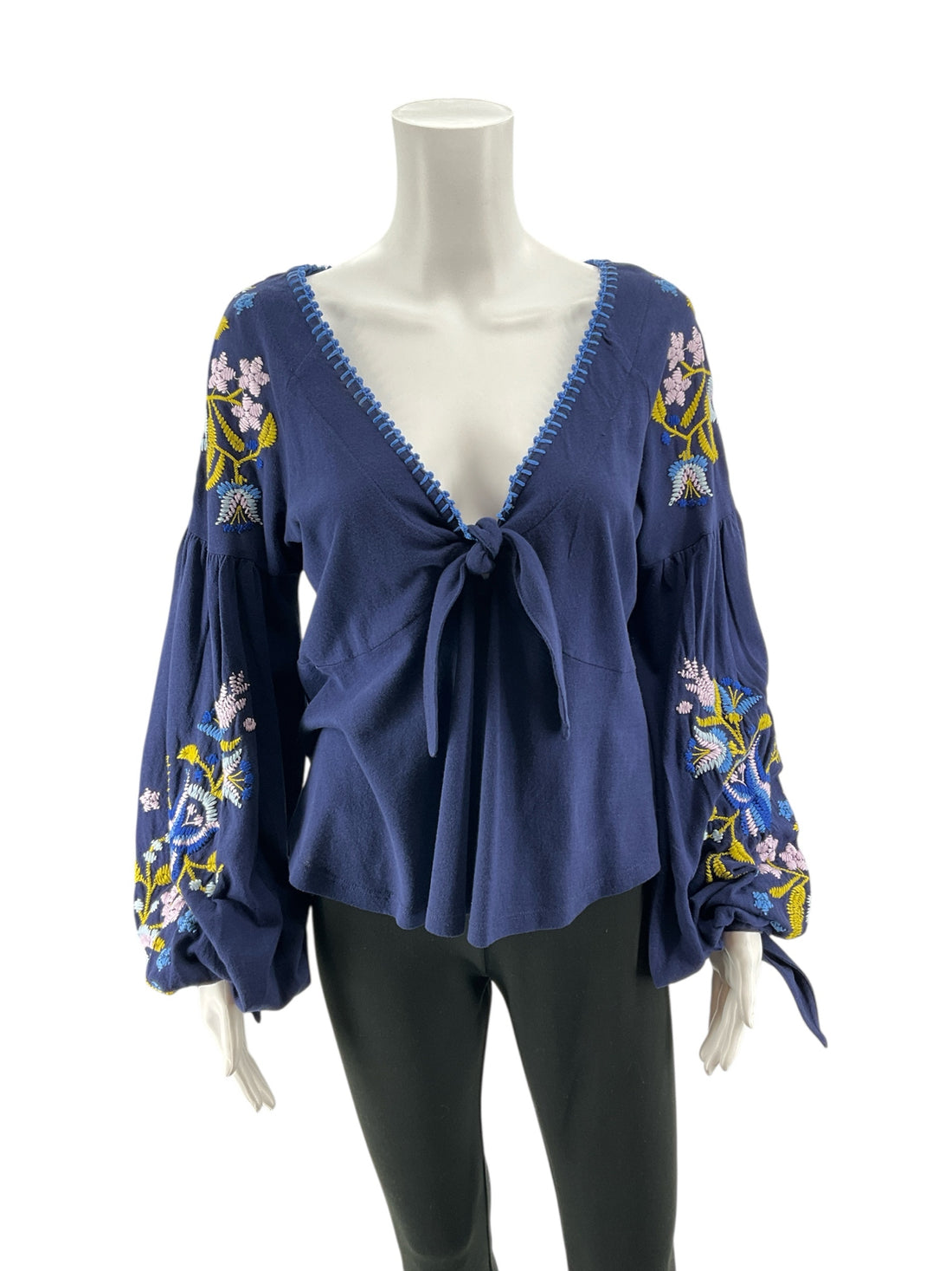Free People Tell Tale Navy Embroidered Boho Tunic Top Size Medium