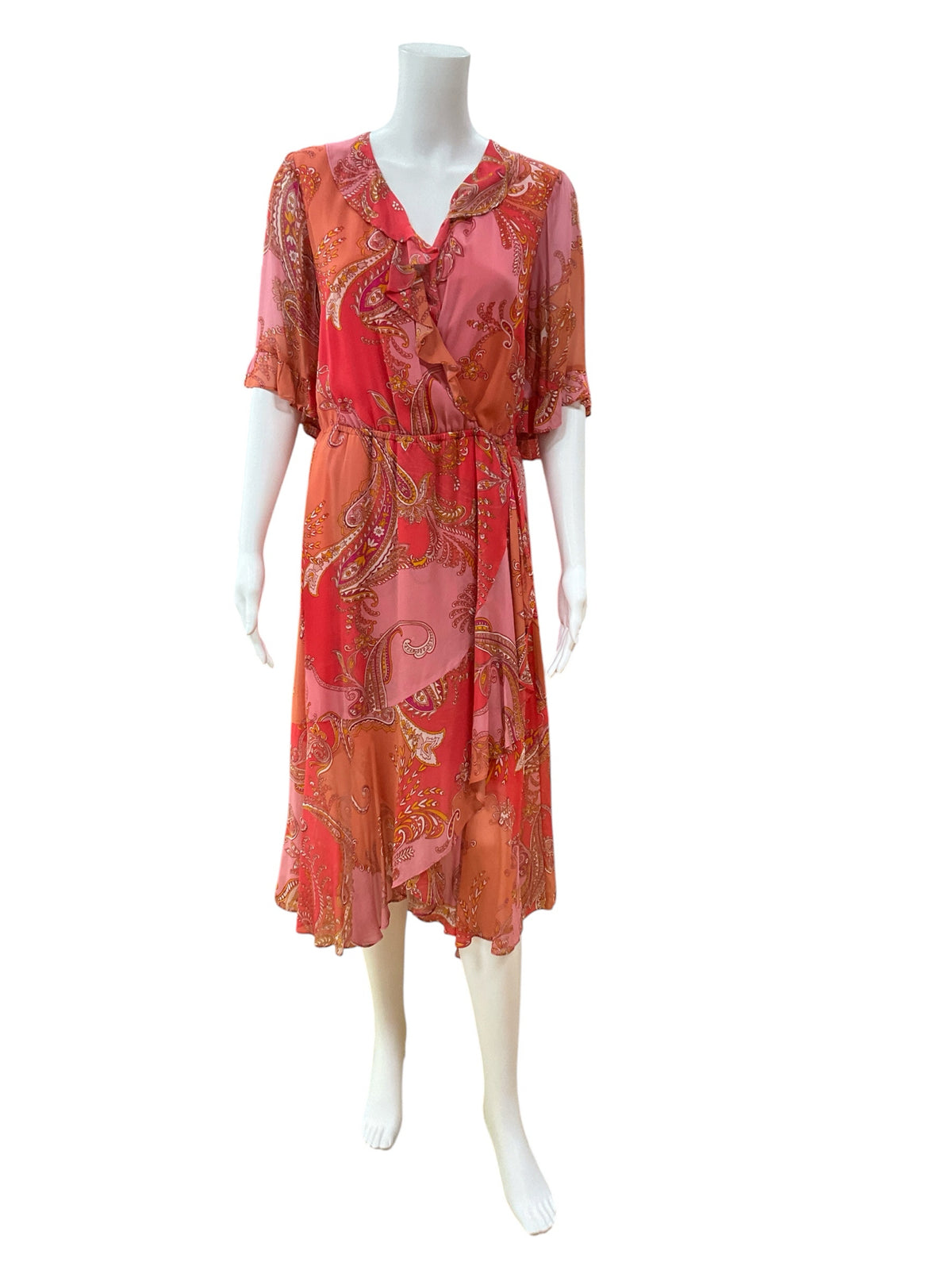 halHale Bob Adina Coral Paisley Ruffle Faux Wrap Midi Dress | Size Large - ONLINE ONLY