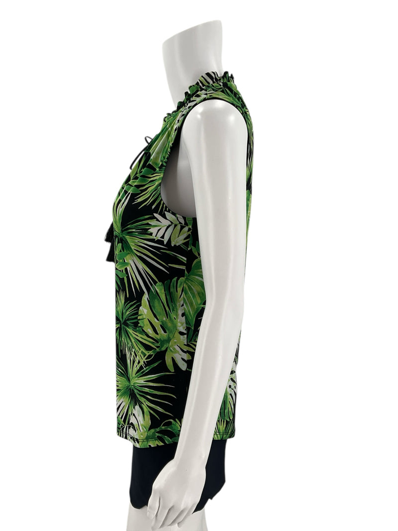 White House Black Market Green/Black Palm Leaves Blouse - Size XS - Margaret’s Fine Consignment