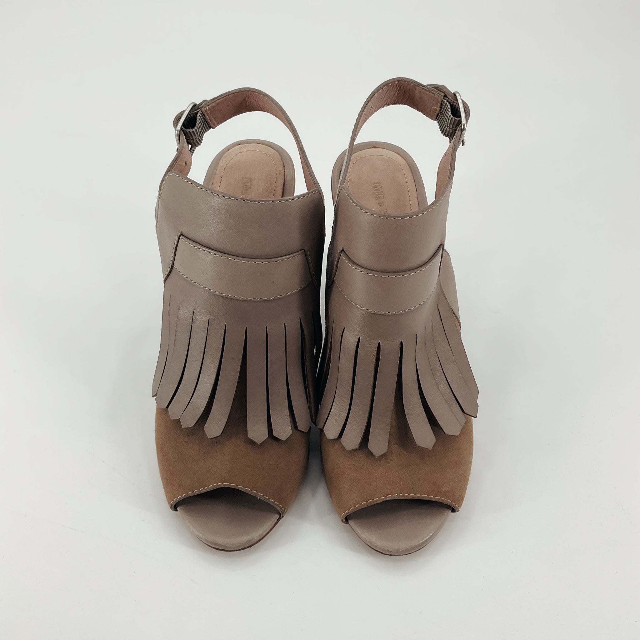 Pour la Victoire Clay Suede Fringe Peep Toe Wedge Sandals | Size 8