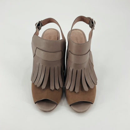Pour la Victoire Clay Suede Fringe Peep Toe Wedge Sandals | Size 8